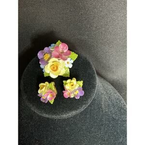 Vintage Jon Anton Bone China England Earrings and Brooch Set